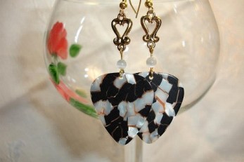 Guitar pick earrings and painted glass goblet, designed by Debra Moore